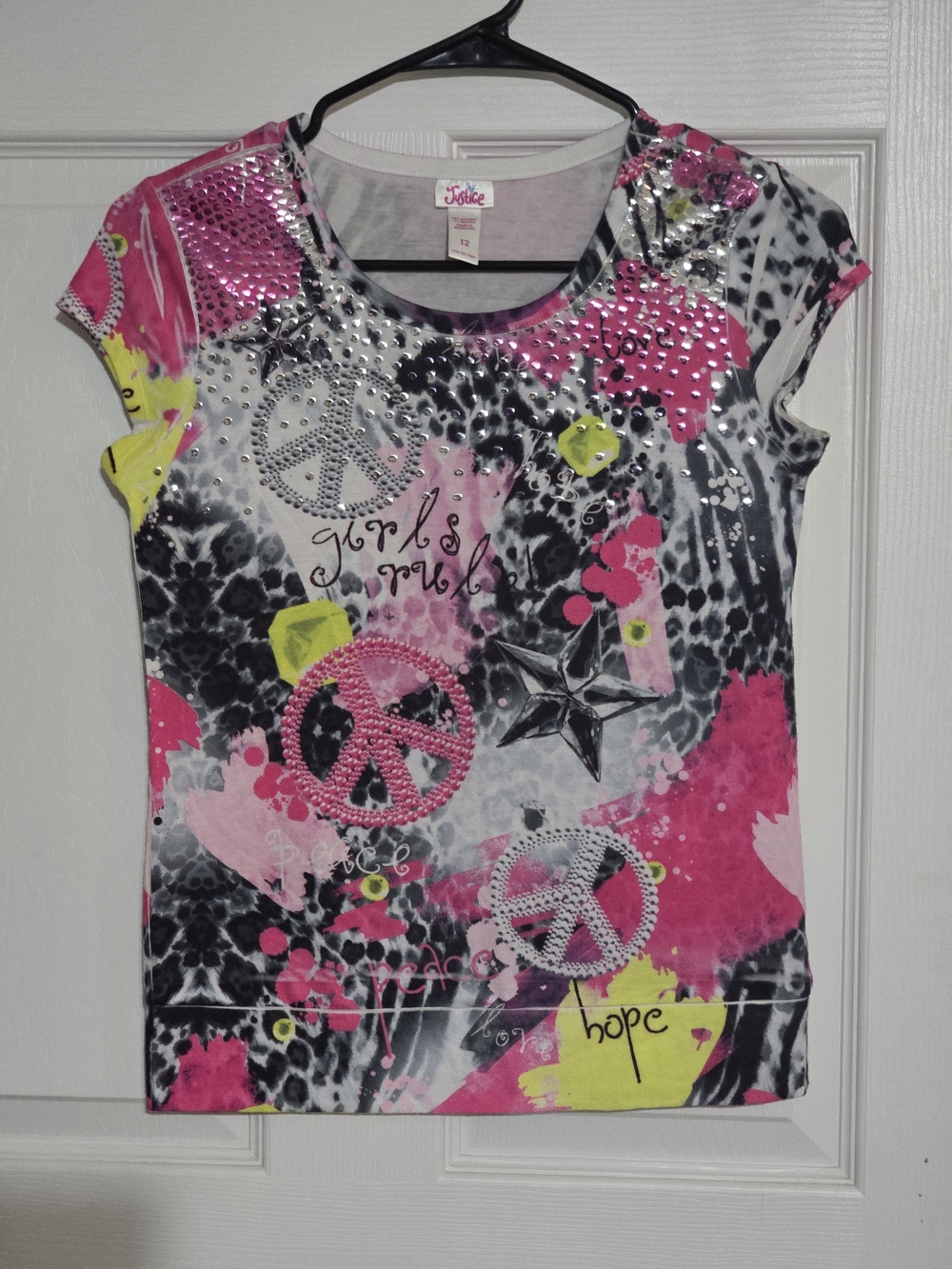 Justice Girls' Pink Black Neon Yellow Peace Sign Short Sleeve Tee